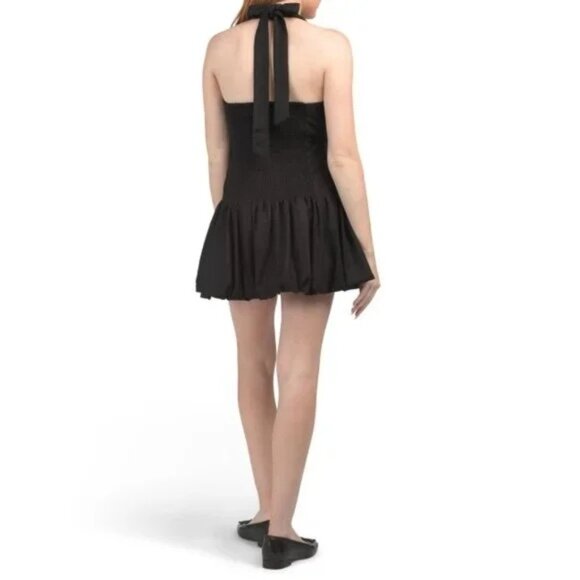 House Of Harlow Black Halter Smocked Linen Blend Bubble Hem Mini Dress Large - Picture 13 of 14